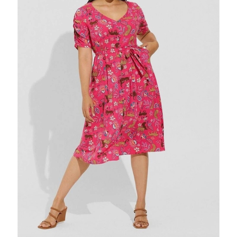 Torrid Midi Rayon Slub Button Front Tie Dress Womens 1X Pink Animal Floral Print